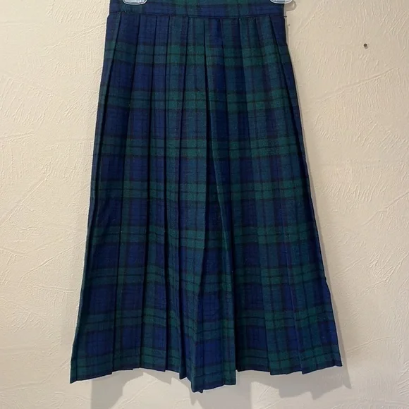 Vintage Changing Scene wool blend green and blue plaid wrap midi skirt size 7 - Picture 3 of 10